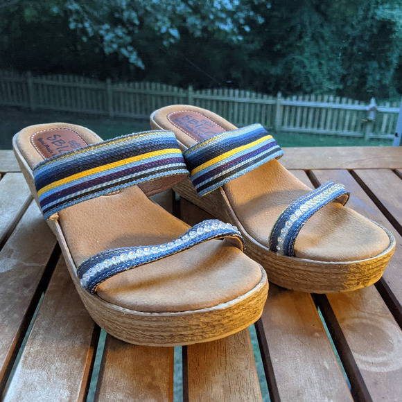 Sbicca Espadrilles wedge sandals Canyon Blue Striped Slide rhinestone * size 8 * - Picture 1 of 6